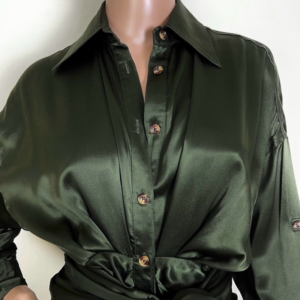 NEW DIVINE HERITAGE GREEN SILK GATHERED MIDI SHIRT DRESS - Picture 3 of 6